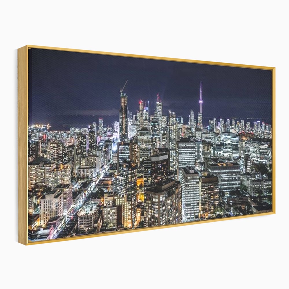 Tablou canvas cu panoramic nocturn cu toronto si cn tower, in rama de aluminiu auriu